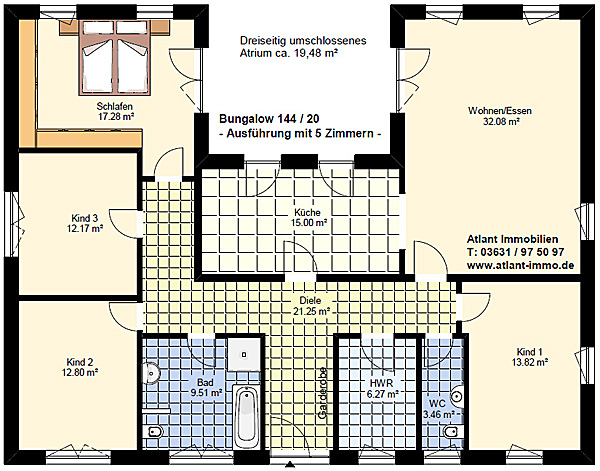 Winkelbungalow 143 / 20 mit dreiseitig umschlossenem Atrium Grundriss 5 Zimmer
