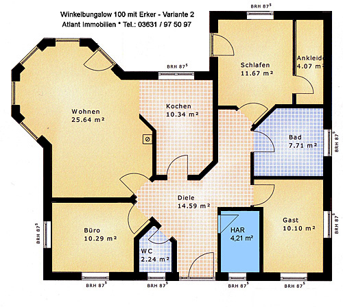 Winkelbungalow 100 mit Erker - Grundriss Erdgeschoss Variante 2