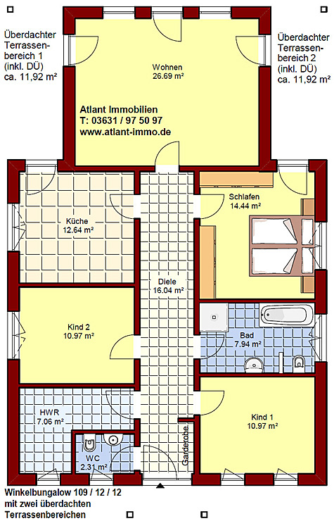 Winkelbungalow 109 / 12 / 12 mit zwei überdachten Terrassenbereichen Grundriss 4 Zimmer Erdgeschoss