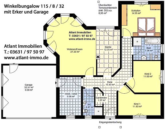 Winkelbungalow 115 / 8 / 32 mit Erker und Garage Grundriss mit 4 Zimmern