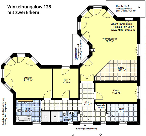 Winkelbungalow 128 mit zwei Erkern Grundriss Erdgeschoss 4 Zimmer
